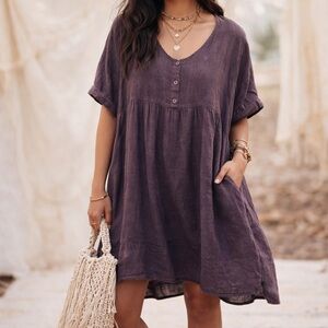 FLAX 100% Linen Loose Fit Babydoll Dress | Brown | Size M | Lagenlook